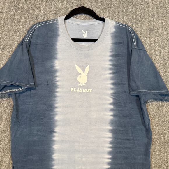 Playboy Shirt Mens Large Blue Tie Dye Center Logo Bunny Casual Tshirt Retro - Picture 3 of 10